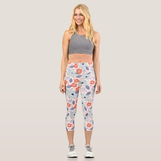 Orange & Blue Modern Blume Pattern Capri Leggings (Vorderseite)