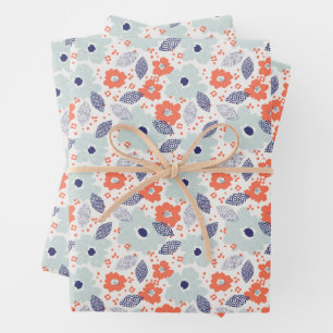 Orange & Blue Modern Blume Pattern Geschenkpapier Set
