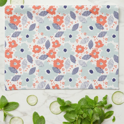 Orange & Blue Modern Blume Pattern Geschirrtuch (Gefaltet)