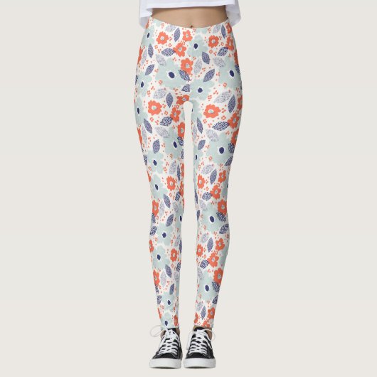 Orange & Blue Modern Blume Pattern Leggings (Vorderseite)