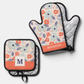 Orange & Blue Modern Blume Pattern Ofenhandschuh & Topflappen-Set (Vorderseite/Rückseite)