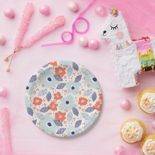 Orange & Blue Modern Blume Pattern Pappteller (Party)
