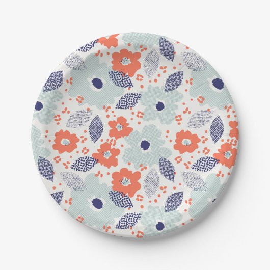 Orange & Blue Modern Blume Pattern Pappteller (Vorderseite)