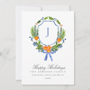 Orange Blue Monogram Winter Wappen Christmas Feiertagskarte