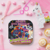 Orange Blue Monster Big Truck Birthday Square Pappteller (Party)