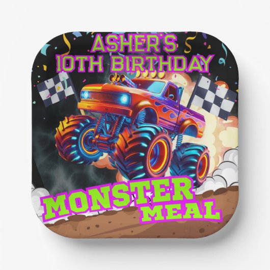 Orange Blue Monster Big Truck Birthday Square Pappteller (Vorderseite)