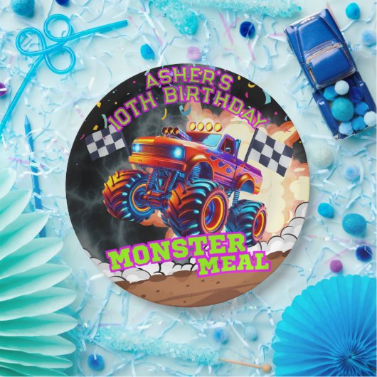 Orange & Blue Monster Truck Kids Off-Road Geburtst Pappteller (Party)