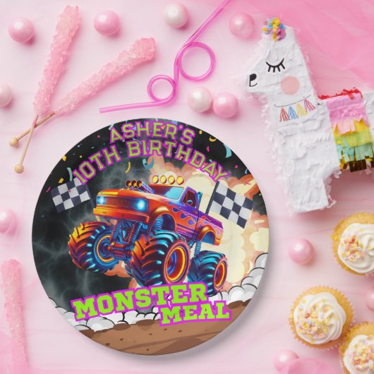 Orange & Blue Monster Truck Kids Off-Road Geburtst Pappteller (Party)