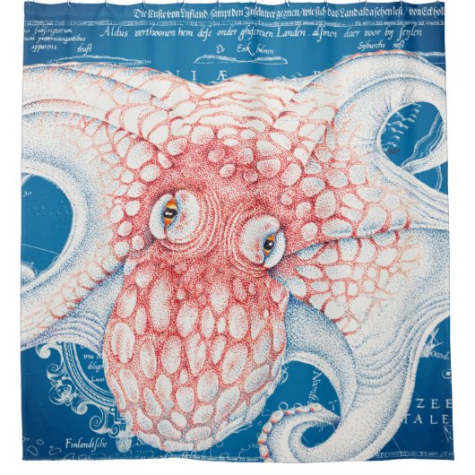 Orange Blue Octopus Kraken Vintage Karte Duschvorhang (Vorderseite)