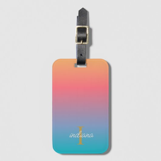 Orange Blue Ombre Modern Monogram Script Gepäckanhänger (Vorderseite Vertikal)