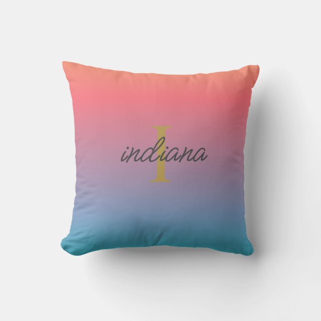 Orange Blue Ombre Monogram Script Kissen (Vorderseite)