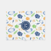 Orange Blue Owls Feathers Pattern Monogram Blanket Fleecedecke (Vorderseite (Horizontal))