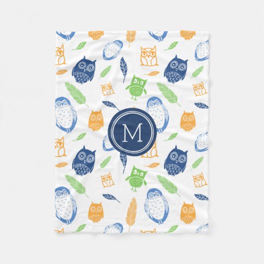 Orange Blue Owls Feathers Pattern Monogram Blanket Fleecedecke (Vorderseite)