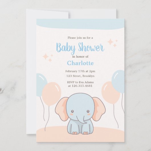 Orange Blue Pastel Simple Elephant Baby Dusche Einladung (Vorderseite)