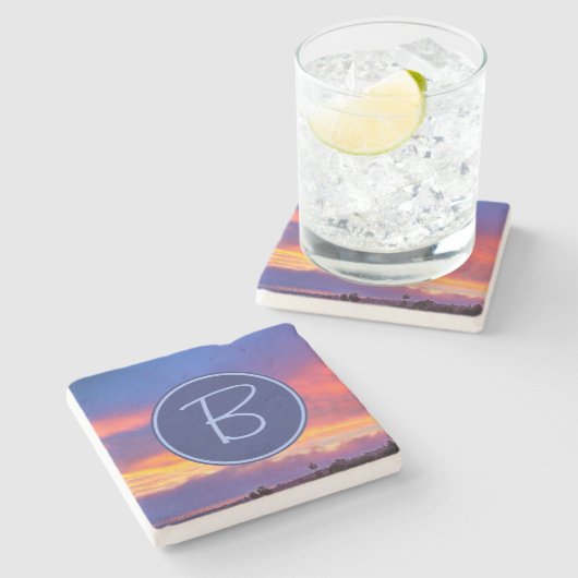 Orange Blue Pink Clouds Sunset Monogram Initial Steinuntersetzer (Seitenansicht)