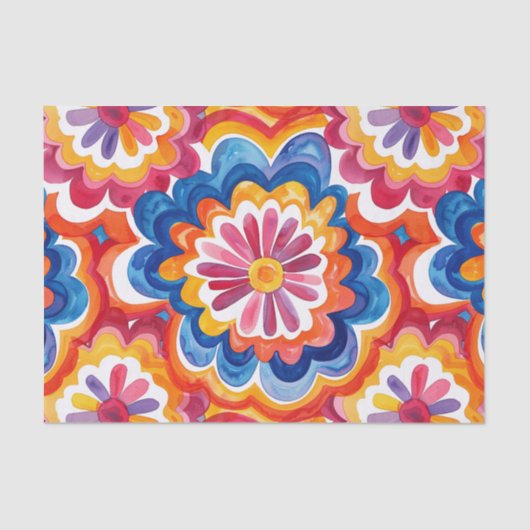 Orange Blue Pink Watercolor Retro Groovy Flowers Seidenpapier (Vorderseite)