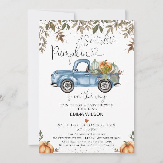 Orange Blue Pumpkin Truck mit Heart Baby Dusche Einladung (Vorderseite)