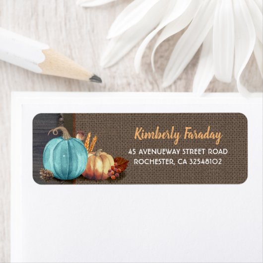 Orange Blue Pumpkins Rustic Fall Party Label (Insitu)
