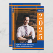 Orange Blue School Color Abschluss Foto Kariert Einladung (Vorne/Hinten)