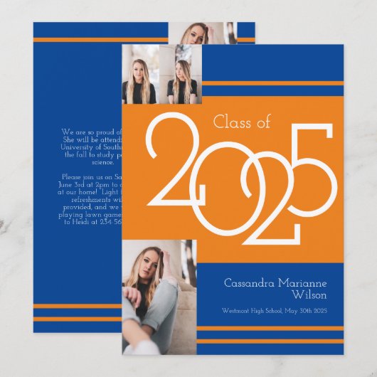 Orange Blue School Colors Abschluss Ankündigung (Vorne/Hinten)