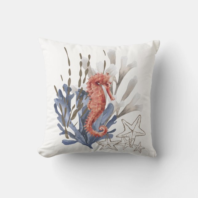 Orange Blue Seepferd Coral Starfish Nautical Beach Kissen (Vorderseite)