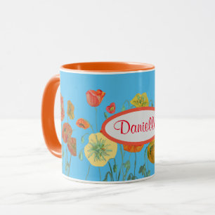 Orange Blue Shabby Poppy Poppies Wasserfarbene Tas Tasse