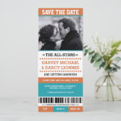 Orange & Blue Sports Ticket Save the Date (Stehend Vorderseite)