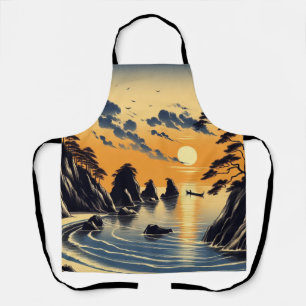 Orange Blue Sunset Japanisch Ink Style Beach Art Schürze