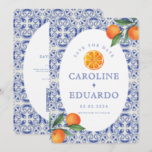 Orange Blue tile Mediterranean Wedding QR Code Save The Date (Vorne/Hinten)