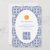 Orange Blue tile Mediterranean Wedding QR Code Save The Date (Rückseite)