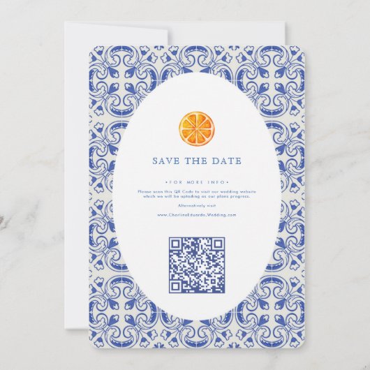 Orange Blue tile Mediterranean Wedding QR Code Save The Date (Rückseite)