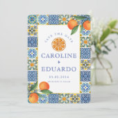 Orange Blue tile Mediterranean Wedding QR Code Save The Date (Stehend Vorderseite)