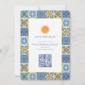 Orange Blue tile Mediterranean Wedding QR Code Save The Date (Rückseite)