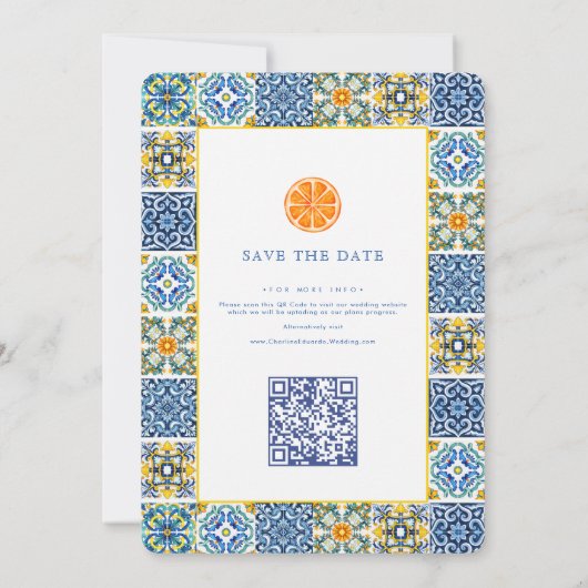 Orange Blue tile Mediterranean Wedding QR Code Save The Date (Rückseite)
