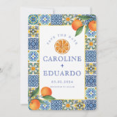 Orange Blue tile Mediterranean Wedding QR Code Save The Date (Vorderseite)