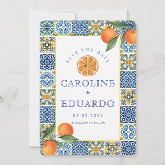 Orange Blue tile Mediterranean Wedding QR Code Save The Date (Vorderseite)