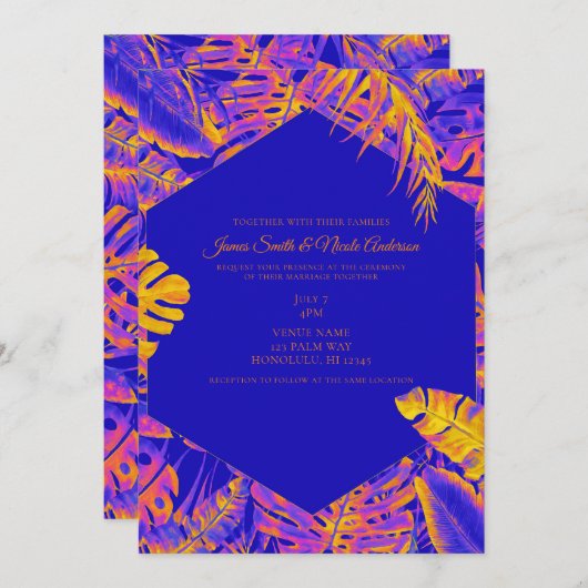Orange Blue Tropical Palm Blätter Hochzeiten Einladung (Vorne/Hinten)
