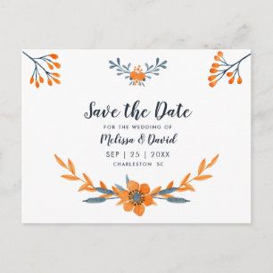 Orange Blue Watercolor Floral Romantische Hochzeit Ankündigungspostkarte