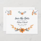 Orange Blue Watercolor Floral Romantische Hochzeit Ankündigungspostkarte (Vorne/Hinten)