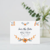 Orange Blue Watercolor Floral Romantische Hochzeit Ankündigungspostkarte (Stehend Vorderseite)