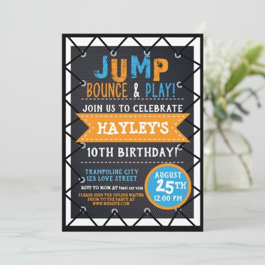 Orange & BlueJump & Play Trampolin Park Bounce Einladung (Stehend Vorderseite)