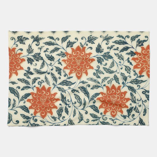 orange Blume - blaues Muster Geschirrtuch (Horizontal)