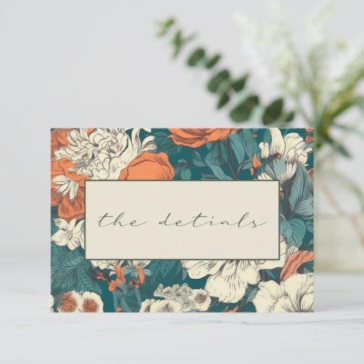 Orange Blume Elegant Hochzeit der Details Begleitkarte (Stehend Vorderseite)