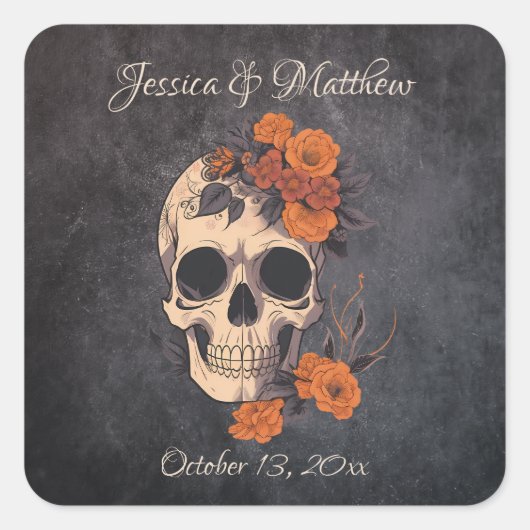 Orange Blume Eleganter Hochzeitsticker Quadratischer Aufkleber (Vorderseite)