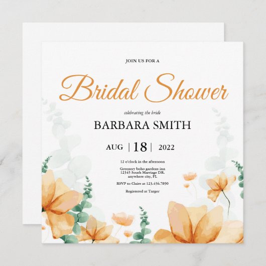 Orange Blume Eukalyptus Wedding Brautparty Einladung (Vorne/Hinten)