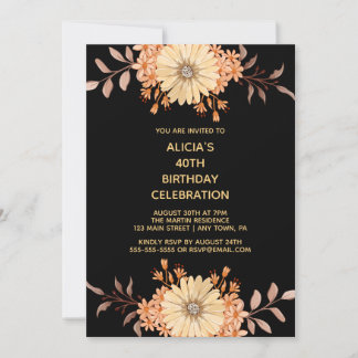 Orange Blume Gold Typografie Black Birthday Einladung