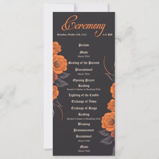 Orange Blume Gothic Minimalist Hochzeitsprogramm Einladung (Rückseite)