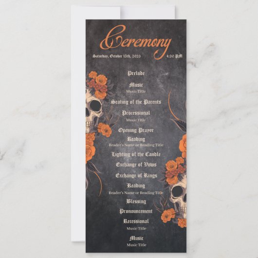 Orange Blume Gothic Minimalist Hochzeitsprogramm Einladung (Rückseite)