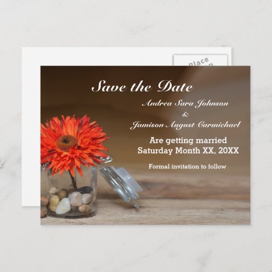 Orange Blume in Mason Jar Save the Date Ankündigungspostkarte (Vorne/Hinten)