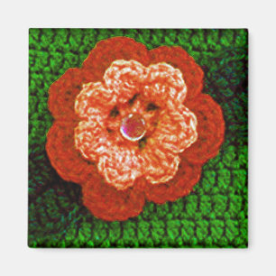 Orange Blume mit grünem Blatt-Häkelarbeit-Druck  Magnet